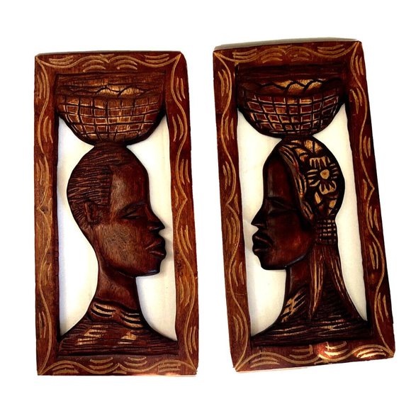 AFRICAN Man Woman Pair Wood Carved Plaque Hand Made 7
